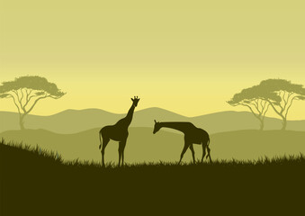 Fototapeta na wymiar Giraffe silhouettes in savanna landscape vector illustration