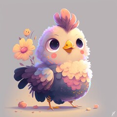illustration little chick sitting with flowers children's style fairy tale Generative AI

