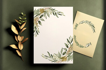 Blank wedding invitation with floral border. Generative ai