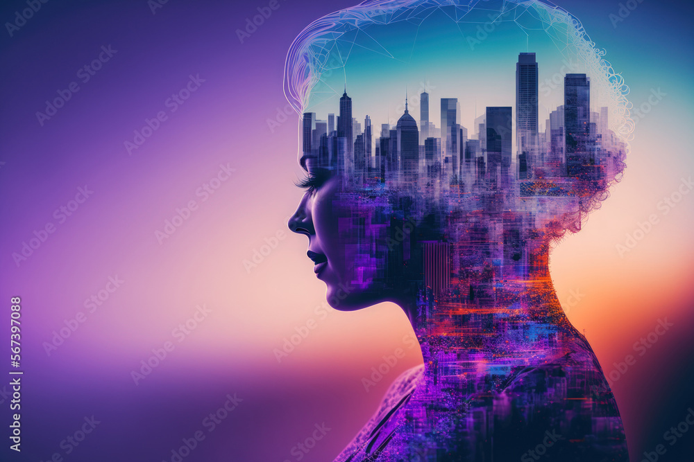 Poster holographic representation of a human head in an abstract virtual ai interface with the san francisc