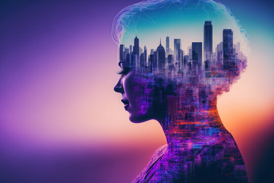 Holographic representation of a human head in an abstract virtual AI interface with the San Francisco skyline in the backdrop. Multiexposure. Generative AI
