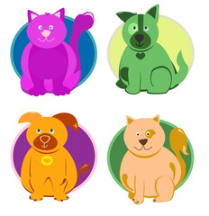 Cute and friendly cat and dogs in a vector, flat cartoon style.