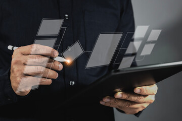 Online Assessment, Automate Business Processes and Workflows with Flowcharts Businessman working with laptop on table online questionnaire concept Choose the correct answer in the exam.