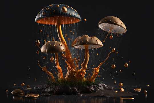 Mushrooms vegetables splash isolated on black background