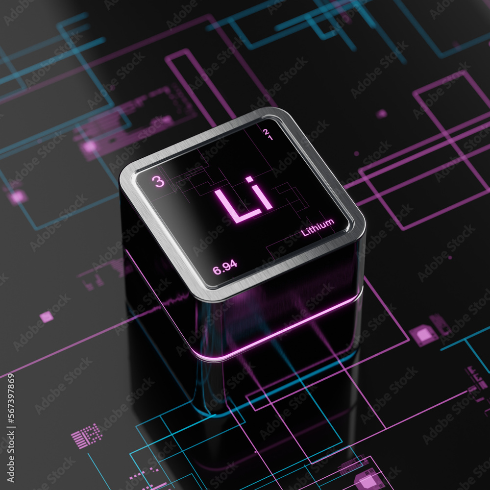 Poster lithium element symbol in periodic table, metallic cube with lcd black display screen, glossy table,