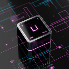 Lithium element symbol in periodic table, metallic cube with LCD black display screen, glossy table, futuristic background