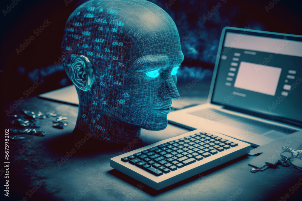 Poster holographic representation of a human head in an abstract virtual ai interface with a calculator and