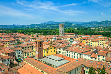 Historical medieval town Lucca with old buildings and towers, Tuscany, Italy