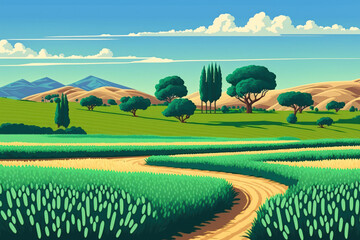 Green wheat fields, extensive agriculture landscape in Spain. Generative AI