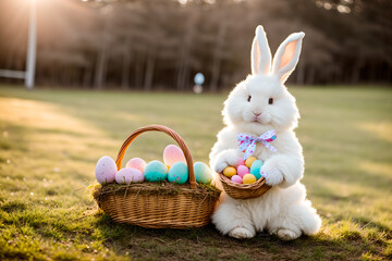 Cute Easter bunny holding a basket of easter eggs