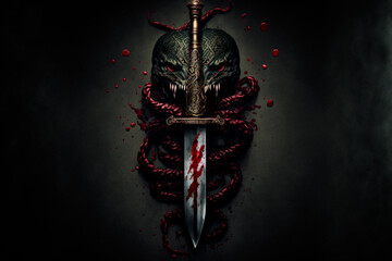 Schlangenkopf umschlie&szlig;t einen blutigen Dolch - Tattooidee Illustration