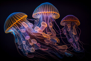 Fototapeta na wymiar Glowing sea jellyfishes on dark background. Created with Generative AI technology
