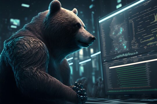 Close up bear face with stock market screens in background , generative ai, bearish market