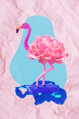 Creative collage banner of pink funny flamingo standing on one legs water nature flora fauna conservation concept