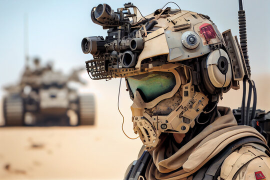 Vattlefield , warrior robot man is equipped with high technology and radar.