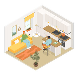 Friendly conversations in the kitchen - vector colorful isometric illustration