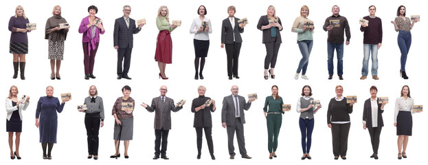 Fototapeta premium group of happy people with gifts in their hands isolated