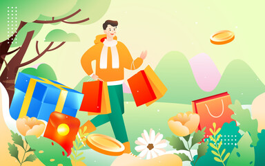 People shopping in spring with flowers and trees in the background, vector illustration