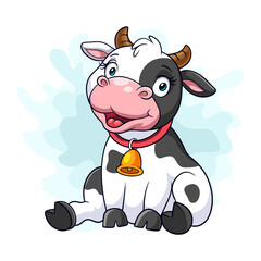 Cartoon funny cow sitting isolated on white background