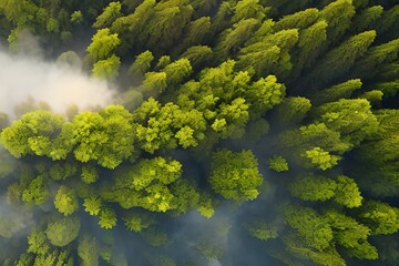 Naklejka premium Forest landscape view from above. foggy forest. Generative AI