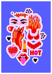 Bright hot sensual composition of woman eyes, lingerie, flame, strawberry, lips, chili on blue background. Vector illustration for Valentine's Day. Love and passion. Poster, postcard, cover