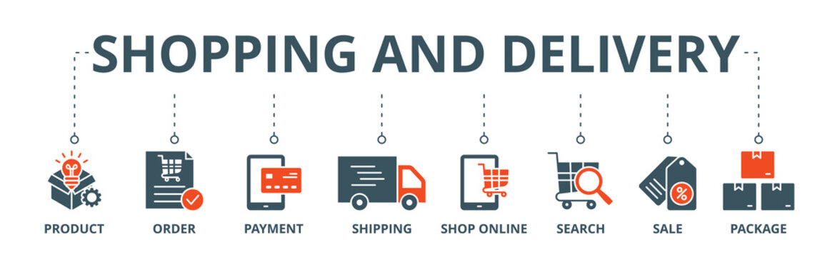Shopping and delivery banner web icon vector illustration concept with icon of product, order, payment, shipping, shop online, search, sale, package