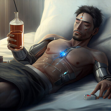 Illustration of a depressed cyborg drinking