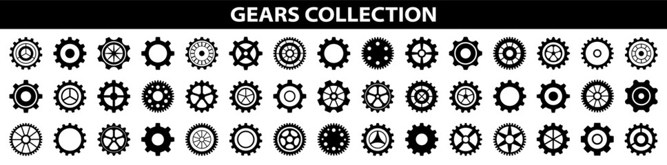 Gears icon set. Setting gears icon.Machine gear icon vector set. Simple Gear wheel collection. Cogwheel. Gear icons. Different style icons set. Vector illustration. - obrazy, fototapety, plakaty