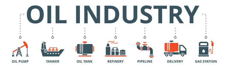 Oil industry banner web icon vector illustration concept with icon of oil pump, tanker, oil  tank, refinery, pipeline, delivery, gas station