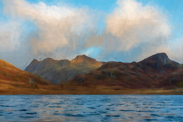 Digital painting of Blea Tarn in the English Lake District with views of the Langdale Pikes, and Side Pike during autumn.