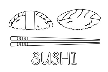 Japanese food sushi with salmon in the flat doodle style. vector illustration for menu restaurant, food delivery