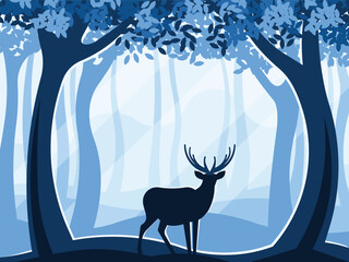Silhouette of a deer in the forest at sunrise. Vector illustration