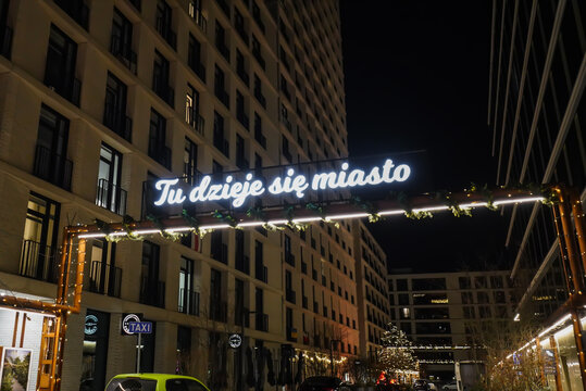 Warszaw, Poland - december, 2022: Wola, Warszawskie browary. New Year decorations in the city, Christmas cheer, outside