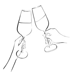 Сhampagne glass in hand. Two hands on the white background. Illustration in the line style. Objects for invitation cards, brochures, advertisement