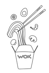Noodles with traditional Ingredients in a wok box. Vector Illustration in doodle flat style.