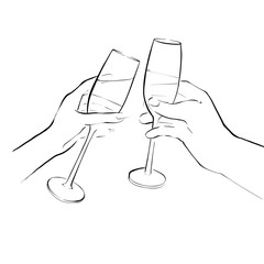 Сhampagne glass in hand. Two hands on the white background. Illustration in the line style. Objects for invitation cards, brochures, advertisement