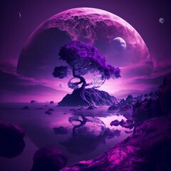 alone tree and hill with the moon in the background, Purple World