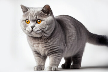 Portrait of a cute silver tabby British Shorthair grey kitten cat on white background isolated, closeup cat photo. A beautiful cat photo for advertises.