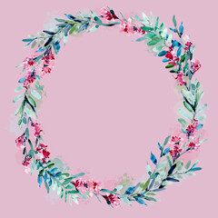 Obraz premium A wreath of watercolor pink flowers on a pink background. Round floral text frame. Wedding background wreath of flower buds and leaves