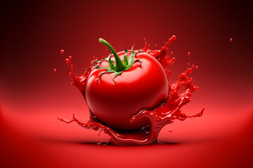 Close up red delicious fresh tomato with splashing tomato juice or ketchup on red studio background. Food photography. With clipping path. Full depth of field.