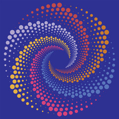 Vector circular swirling pattern of circles of different colors on a dark blue background