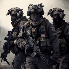 soldiers in camouflage, special forces wearing gear looking towards camera, neutral background, ai art