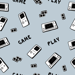 Retro vibe doodle pattern. Video game hand drawn doodle seamless pattern. Tetris, video game console, tetris element, lettering game, play. Computer retro, arcade play background, wallpaper, pattern - obrazy, fototapety, plakaty