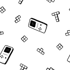 Retro vibe doodle pattern. Tetris hand drawn seamless pattern. Tetris console and elements. Computer retro, arcade play background, wallpaper, pattern. Vector illustration - obrazy, fototapety, plakaty