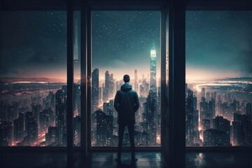 Fototapeta na wymiar бизнесмен стоит перед огромным окном на верхнем этаже небоскреба и смотрит на вечерний город в огнях