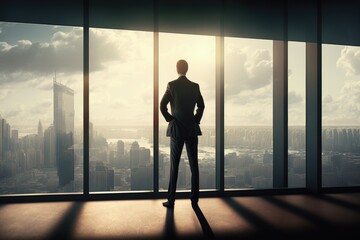Fototapeta na wymiar a business man stands in front of a huge window on the top floor of a skyscraper and looks at the morning sunny city