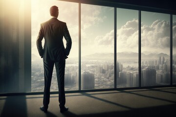 a business man stands in front of a huge window on the top floor of a skyscraper and looks at the morning sunny city
