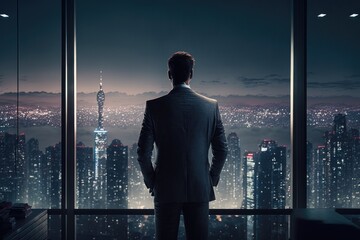 a business man stands in front of a huge window on the top floor of a skyscraper and looks at the evening city in lights