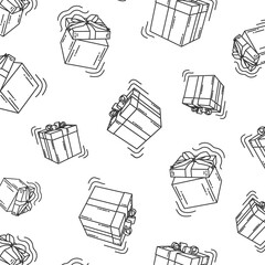 doodle seamless pattern with gift box with bows. Vector background for a store, promotion on a white background and black lines