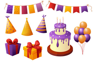 Set birthday elements, celebration cake and presents, garland and balloons, party paper hats in cartoon style isolated om white background.